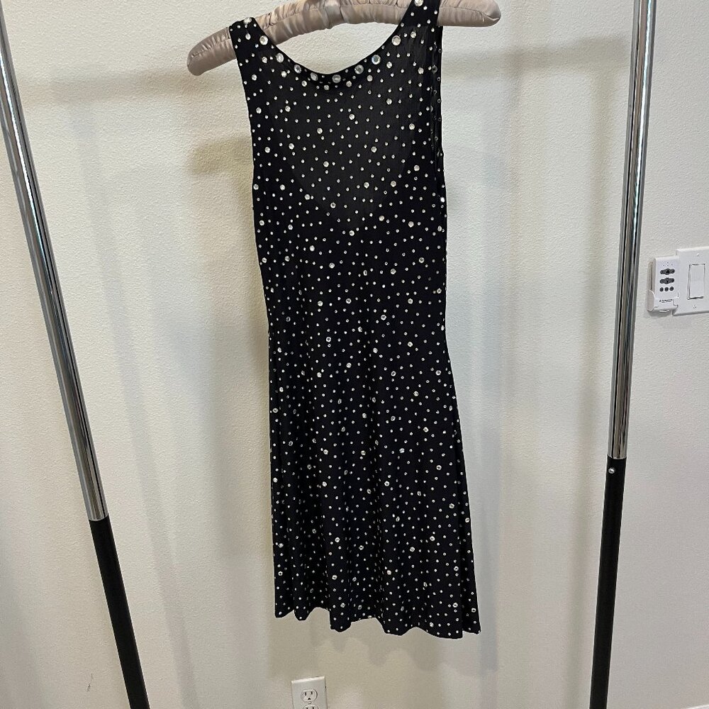 RHINESTONE STUDDED COCKTAIL DRESS, SLEEVELESS, SCOOP NECK, LOW BACK, SIZE SMALL